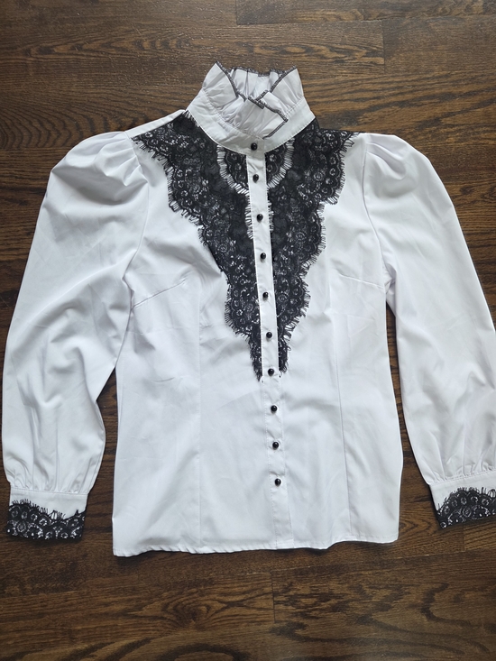 Choies Tops - Women's White & Black Lace Victorian Style Gothic Blouse High Ruffled Collar